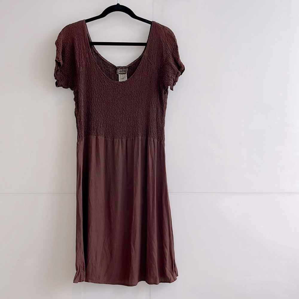 Ruched Brown Scoop Neck Summer Dress